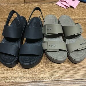 Crocs platform sandals black size 7, taupe size 6. Sell together or separate.